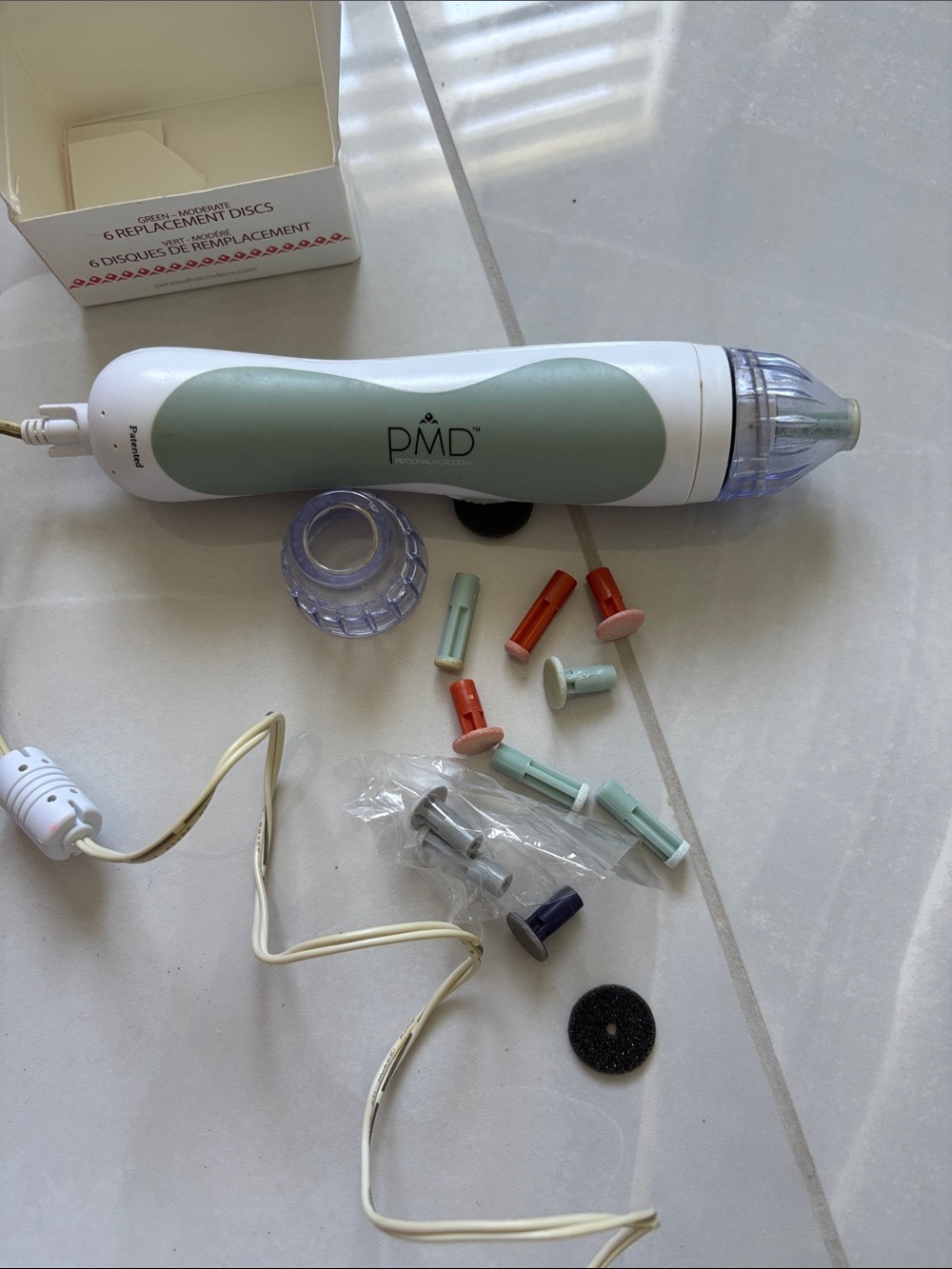 PMD Microderm Device in Sage Green and White with Accessories